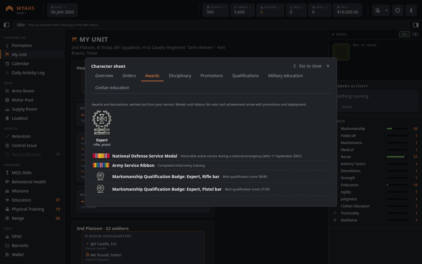 The character sheet's awards: ribbons and the Expert marksmanship badge with rifle and pistol clasps
