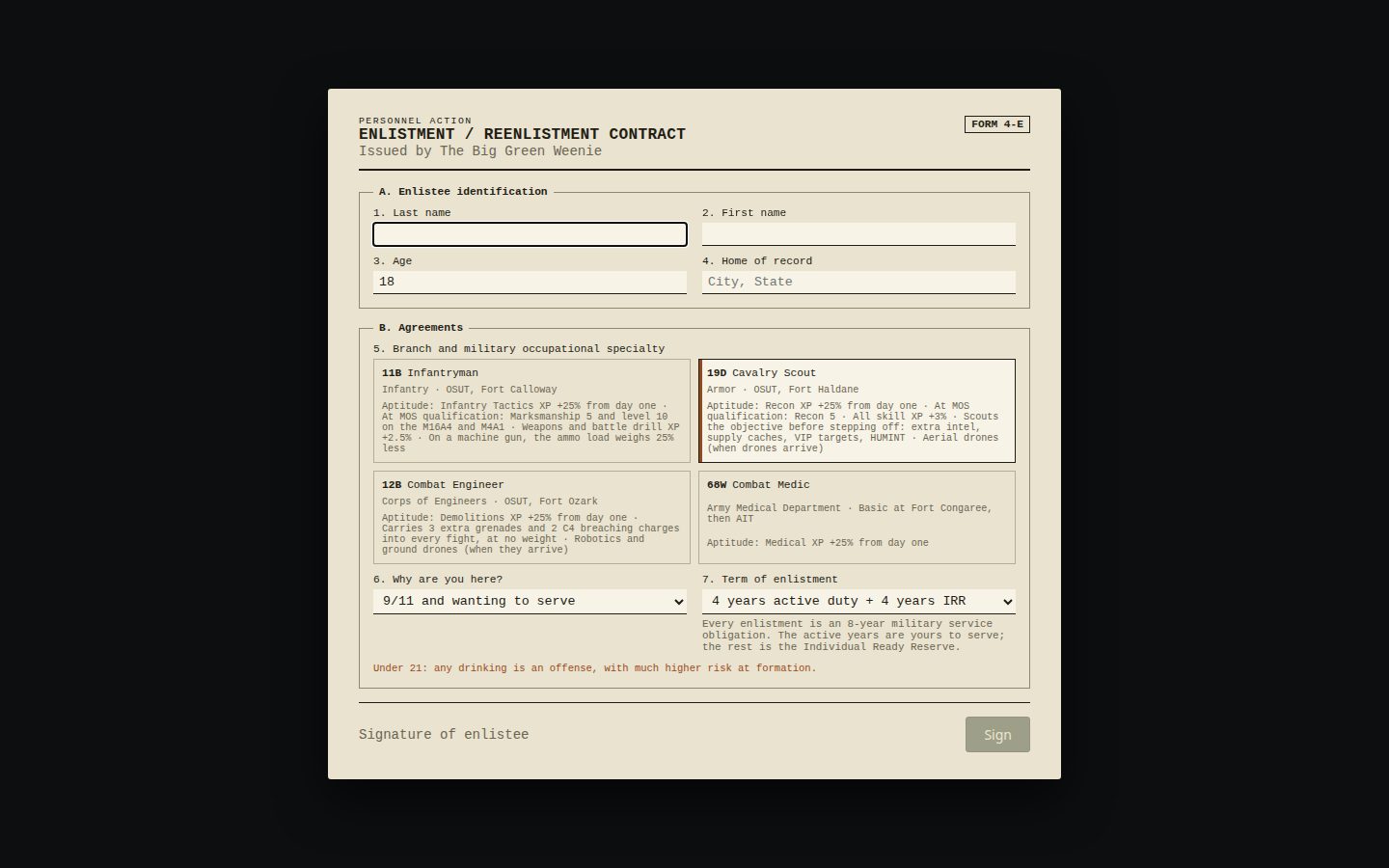 The enlistment contract: pick your MOS, your reason, your term